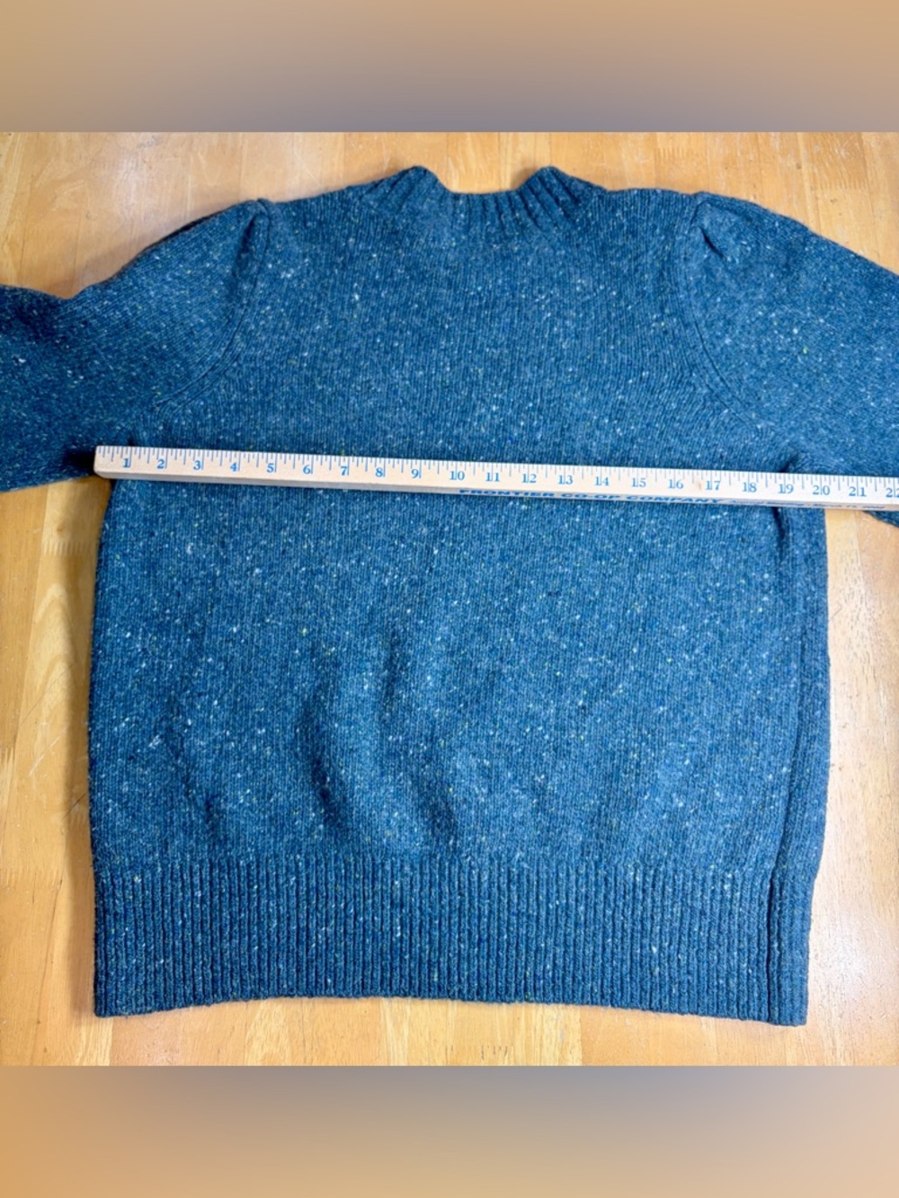 Faherty Sweater Women Large Blue Green Puffed Sleeve Merino Wool Blend Boone - Picture 7 of 7